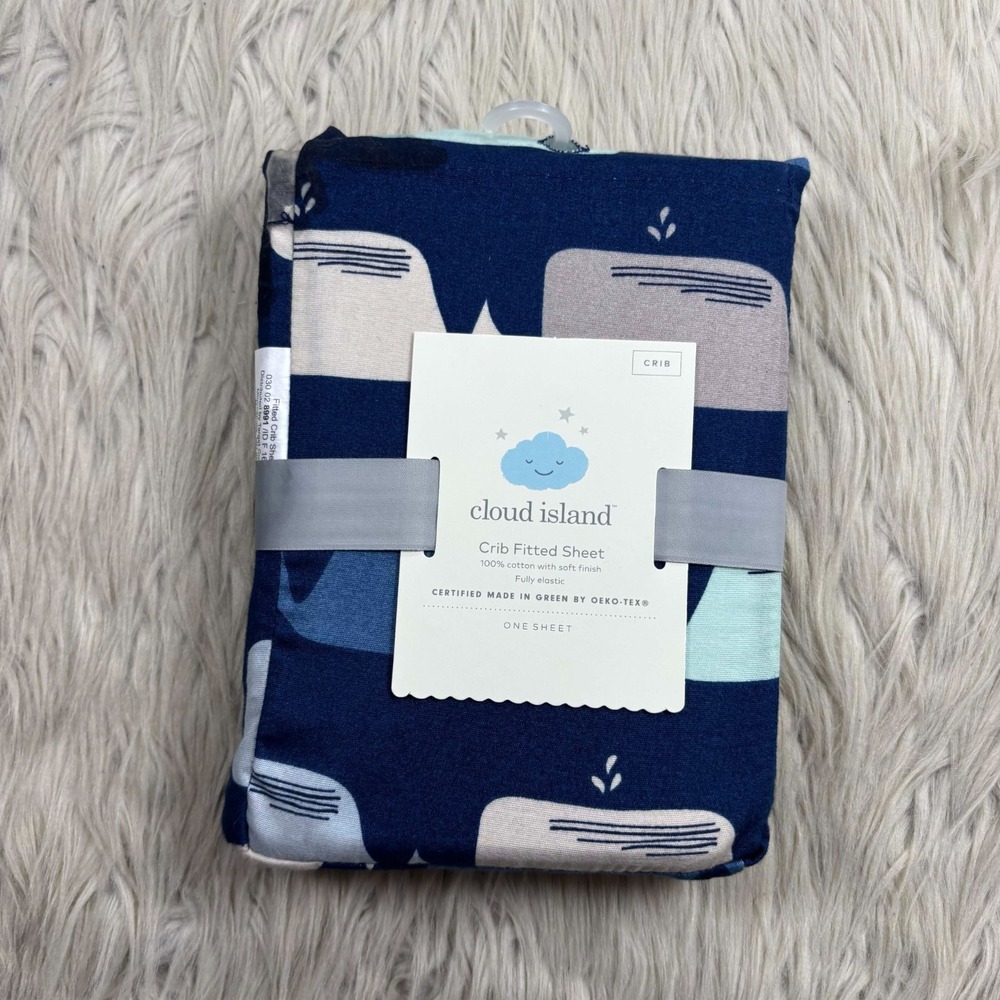 NEW Cloud Island Fitted Crib Sheet 100% Cotton Navy Blue Gray‎ Whale Print